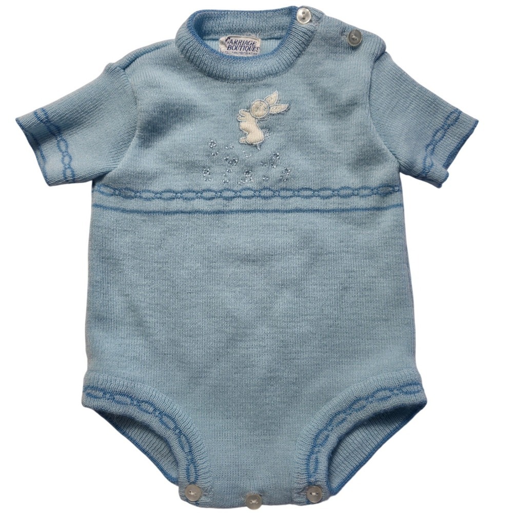 Vintage Carriage Boutiques Baby Boy Knit Romper Blue Bunny Newborn Heirloom